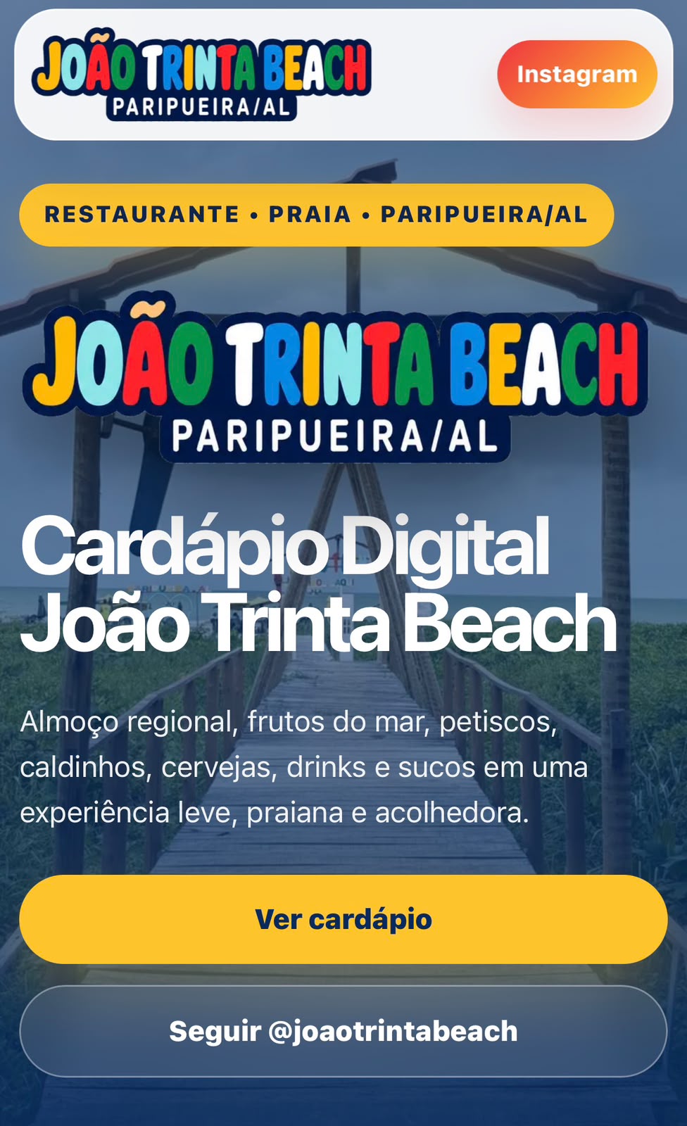 Modelo de cardápio digital criado para a Barraca do João Trinta Beach