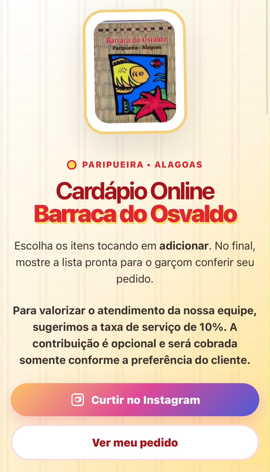 Modelo de cardápio digital criado para a Barraca do Osvaldp