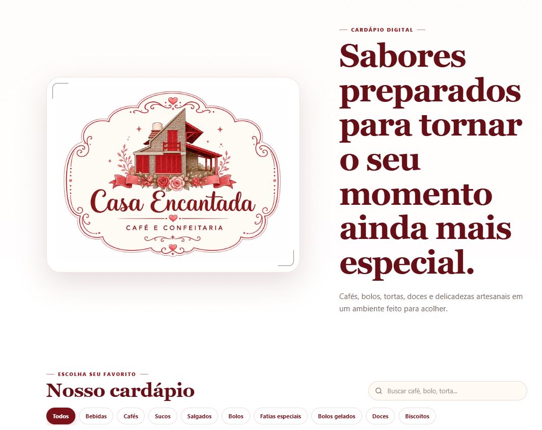 Modelo de cardápio digital criado para a Casa Encantada Café e Confeitaria